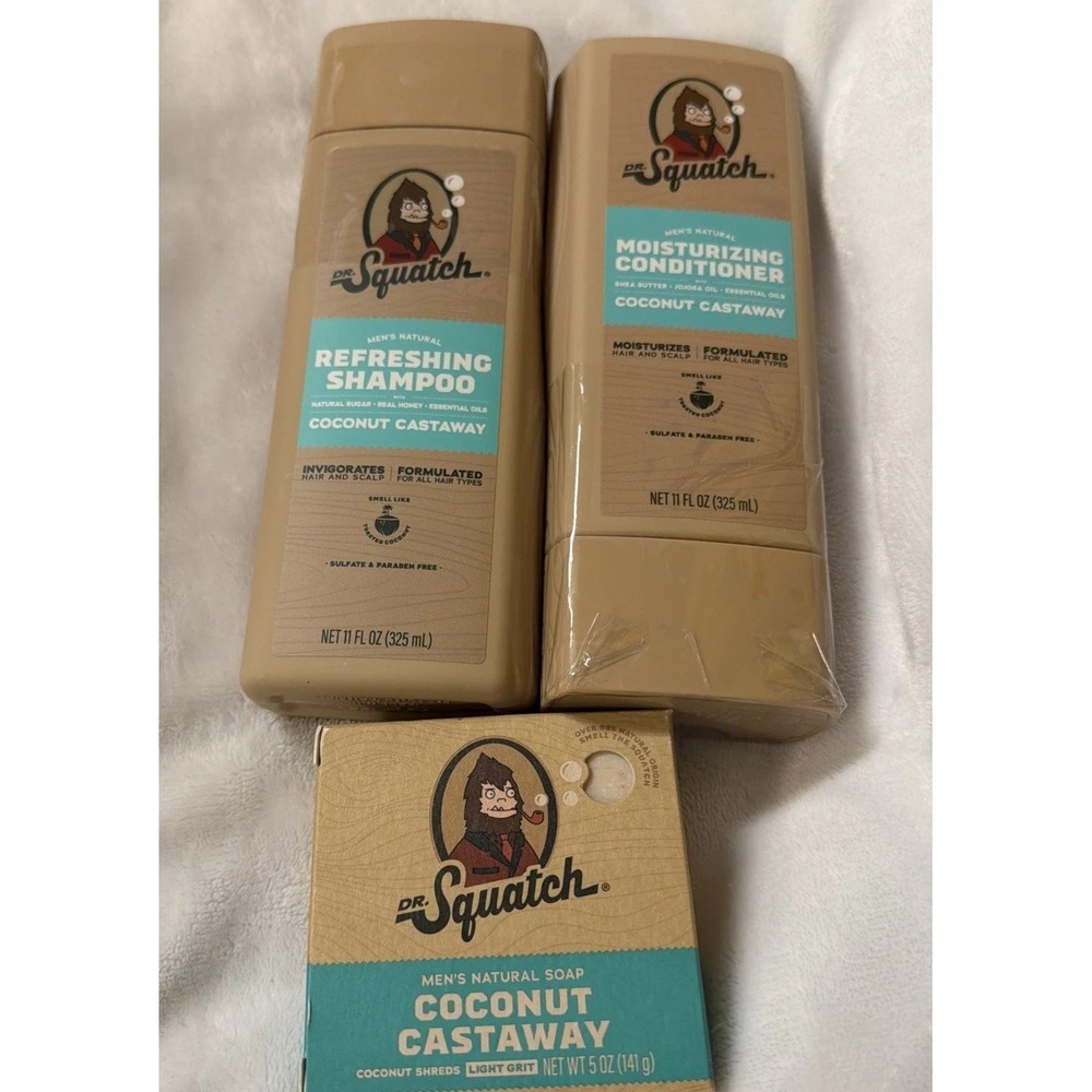 Dr. Squatch COCONUT CASTAWAY Natural Soap Bar, shampoo and conditioner Bundle